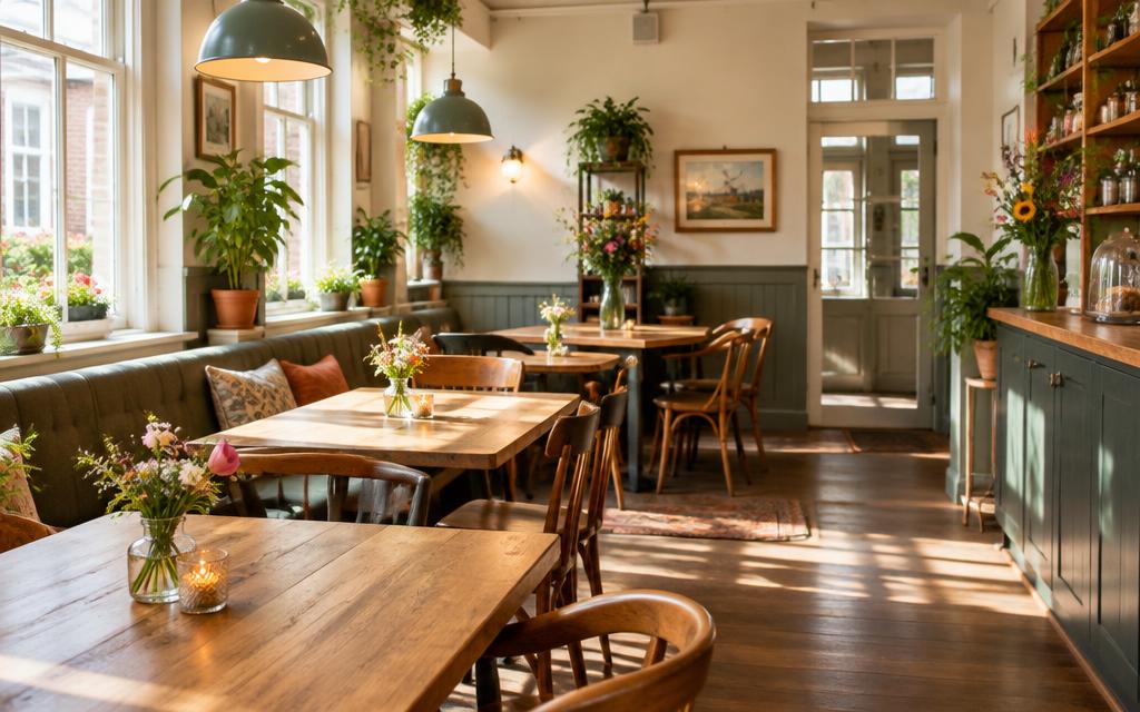 Brasserie Bij Sam: sfeervol lunchroominterieur met houten tafels
