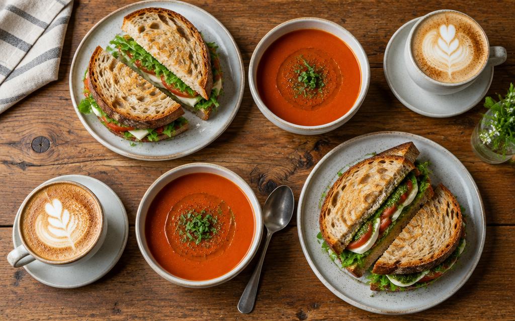 D’ Anner Oele: broodjes, tomatensoep en cappuccino op tafel