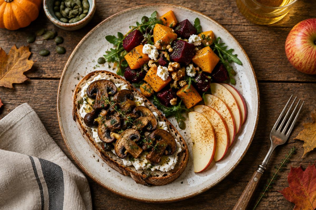 Herfstlunch met paddenstoelen op toast, salade van pompoen en rode biet en schijfjes appel