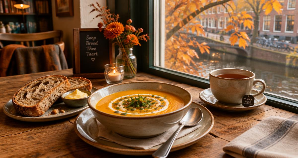 Kom pompoensoep met desembrood en thee aan een raam in een lunchroom in de herfst