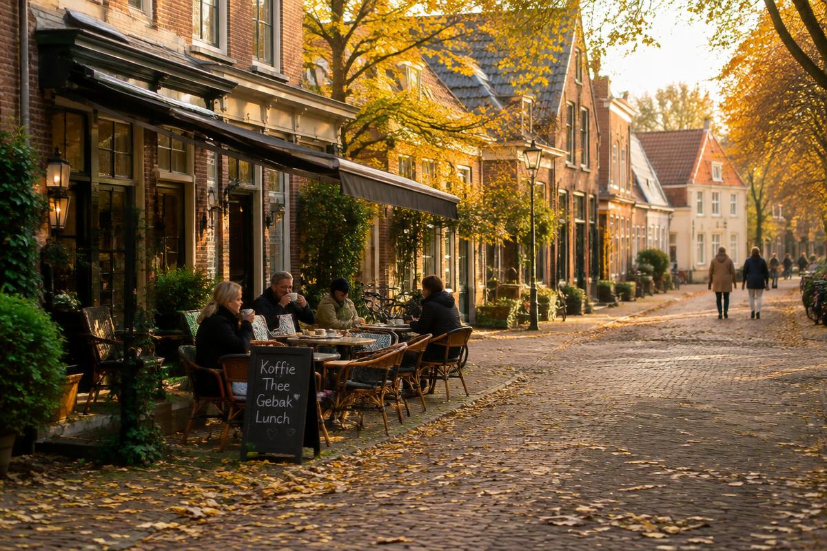 Lunchroom met terras in een Nederlandse straat met herfstbladeren en gasten in jassen