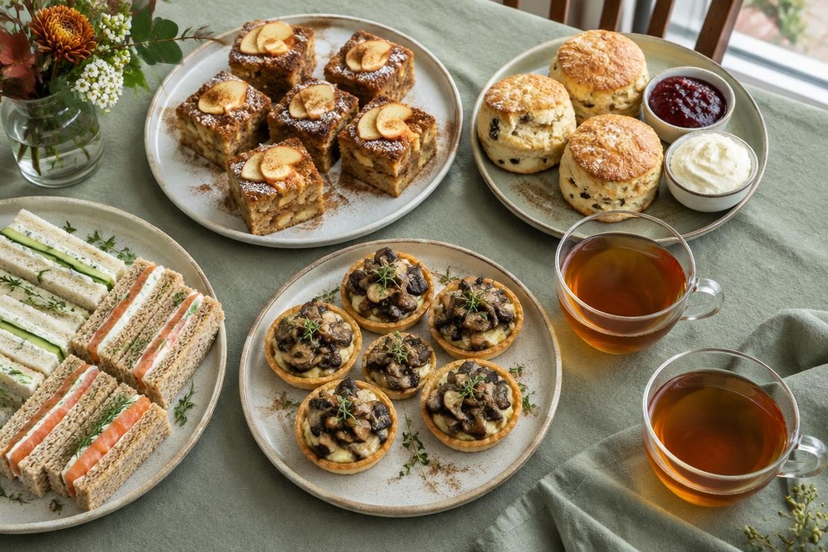 Appelcake, scones, kleine paddenstoelentaartjes en sandwiches met twee koppen thee op groen tafellinnen