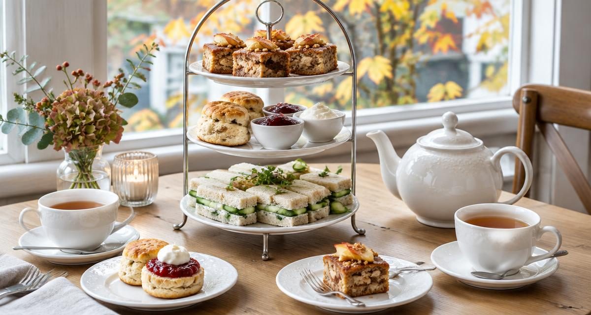 Etagère met sandwiches, scones en appelcake naast een theepot bij een raam met herfstbladeren