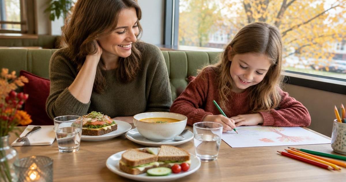 Ouder en kind lunchen bij een raam met herfstbomen, met sandwiches, soep en kleurpotloden op tafel