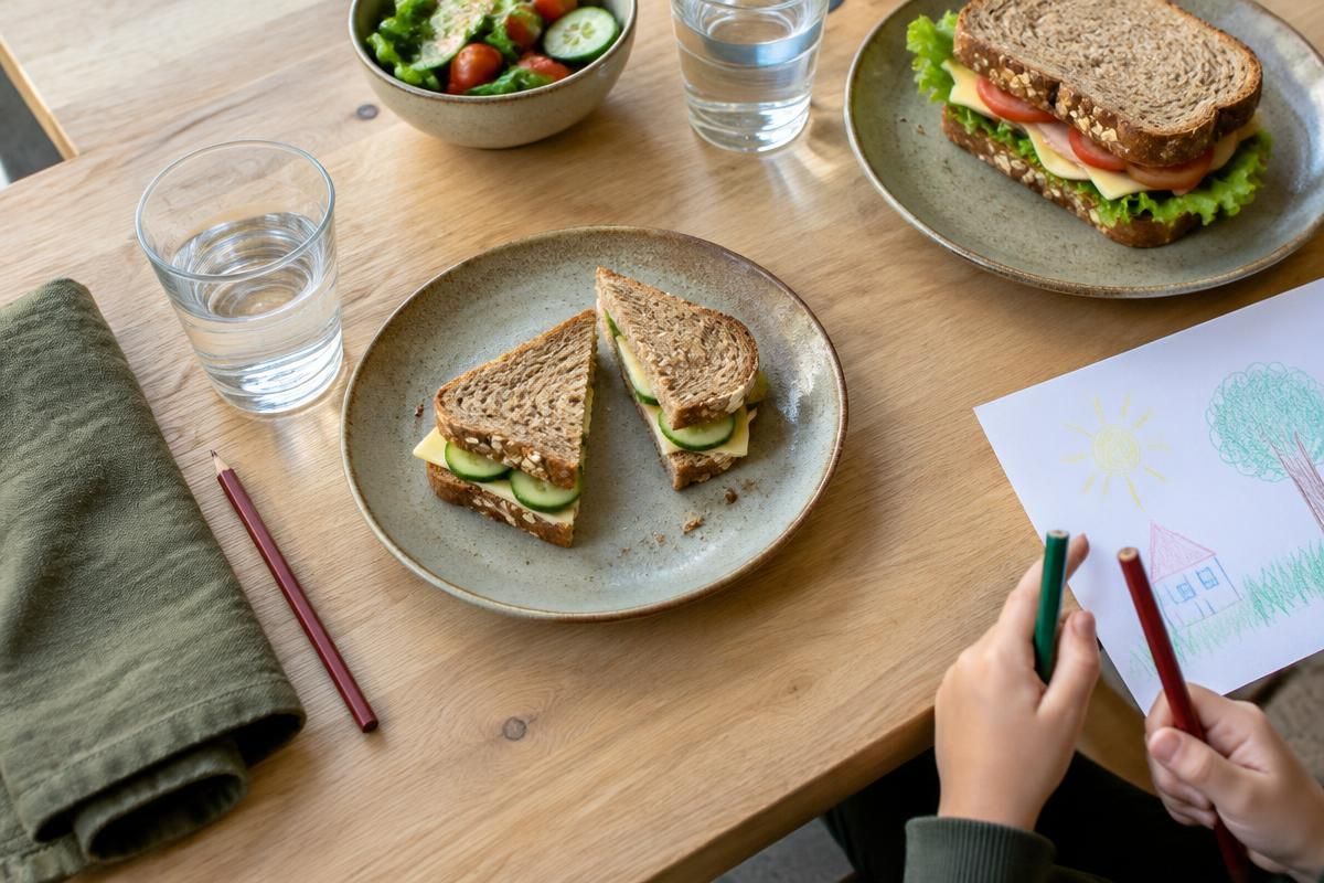 Kleine sandwich met kaas en komkommer naast water en een kindertekening op een lunchtafel